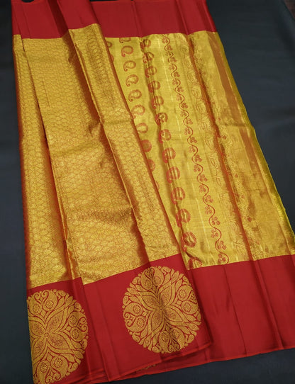 Red Yellow Kanjivaram Silk Sarees  Gold Pattern