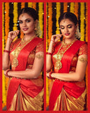 Red Yellow Kanjivaram Silk Sarees  Gold Pattern Get Extra 10% Discount on All Prepaid Transaction