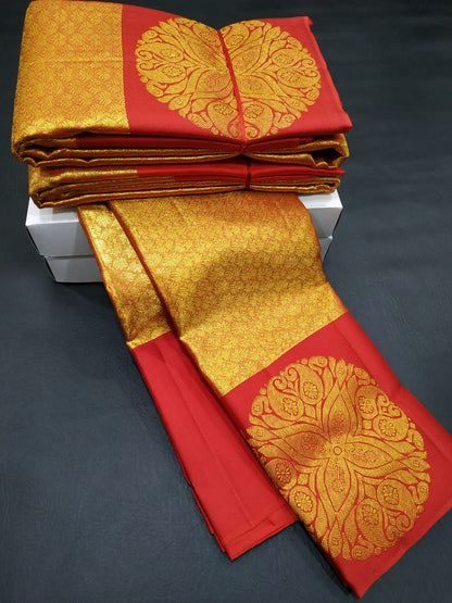 Red Yellow Kanjivaram Silk Sarees  Gold Pattern