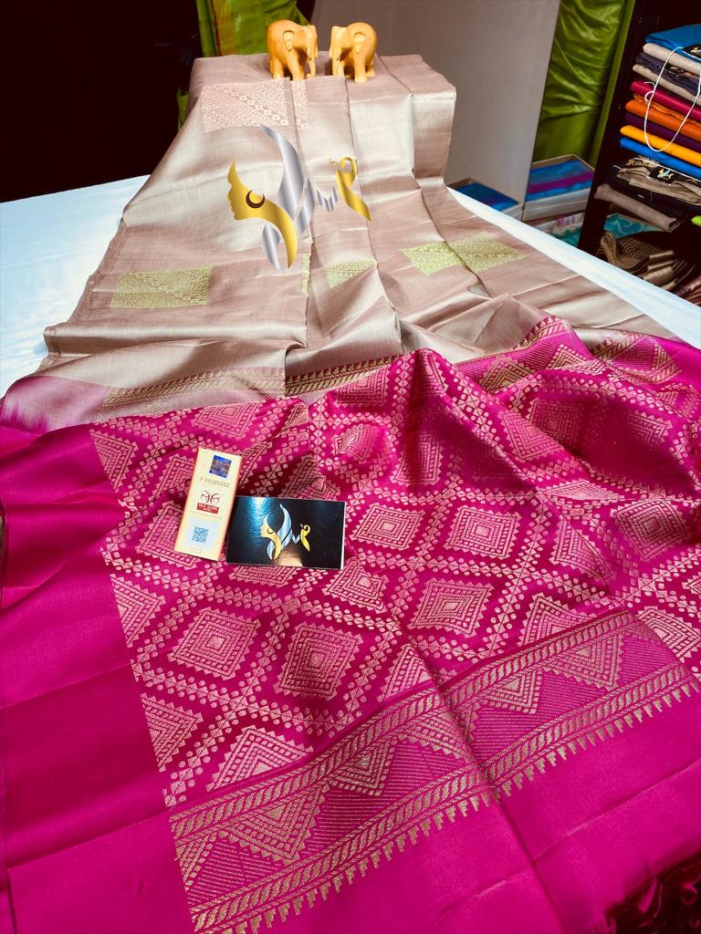 Beige Rani Kanjivaram Silk Sarees  Handwoven With Gold Pattern Get Extra 10% Discount on All Prepaid Transaction