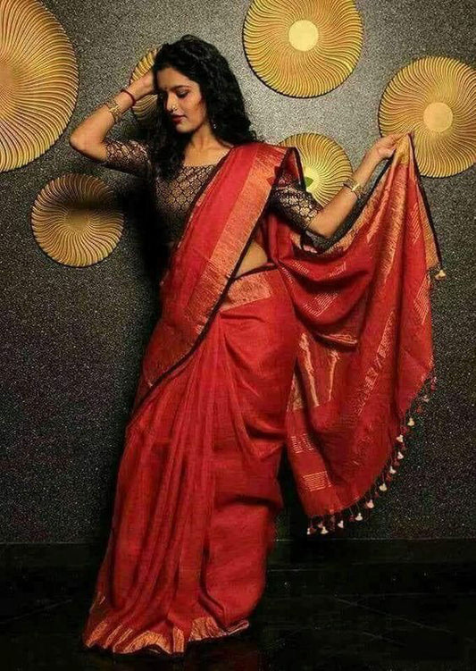 Red Pure Linen Sarees