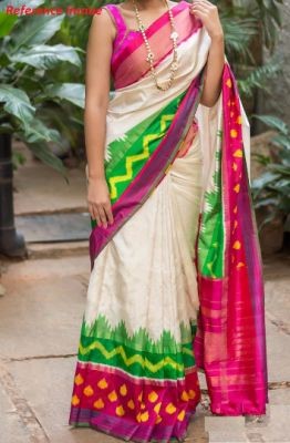 White Green Designer Ikkat Handloom Sarees