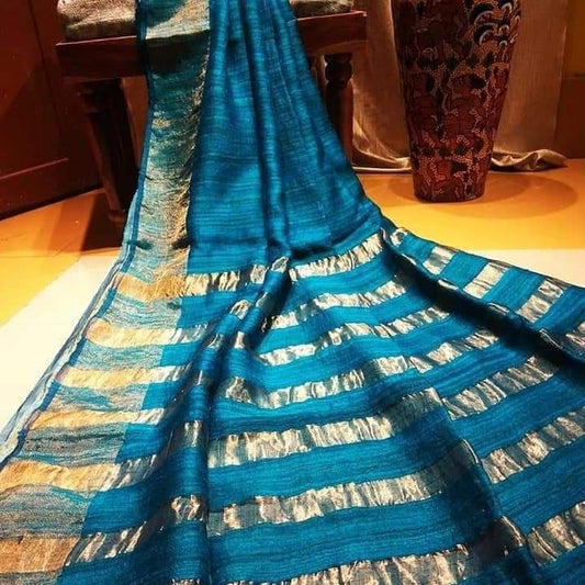 Blue Pure Zari Border Pure Silk Mark Certified Tussar Ghicha Silk Sarees