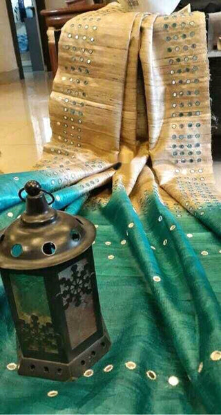 Green Pure Mirror Work Pure Silk Mark Certified Tussar Ghicha Silk Sarees