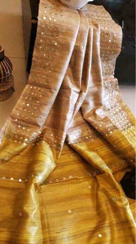 Yellow Pure Mirror Work Pure Silk Mark Certified Tussar Ghicha Silk Sarees Get Extra 10% Discount on All Prepaid Transaction