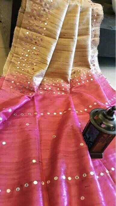 Pink Pure Mirror Work Pure Silk Mark Certified Tussar Ghicha Silk Sarees Get Extra 10% Discount on All Prepaid Transaction