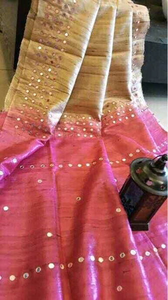 Pink Pure Mirror Work Pure Silk Mark Certified Tussar Ghicha Silk Sarees