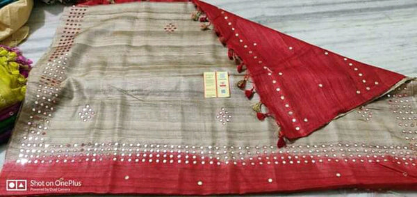 Red Pure Mirror Work Pure Silk Mark Certified Tussar Ghicha Silk Sarees