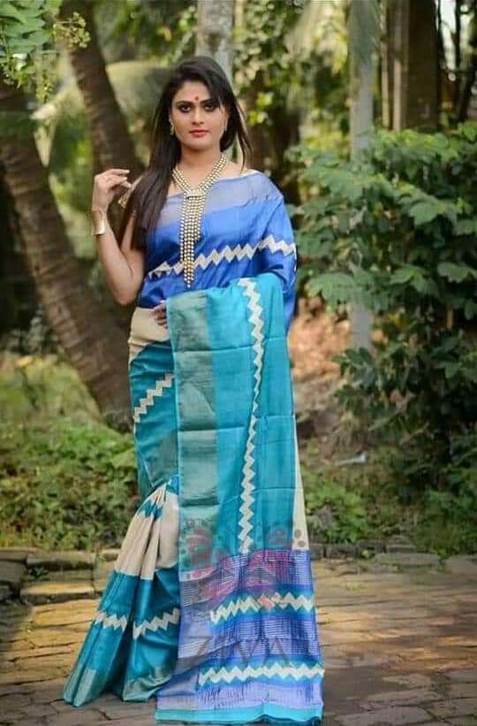 Blue Green Block Print Zari Border Pure Silk Mark Certified Tussar Silk Sarees - Dailybuyys