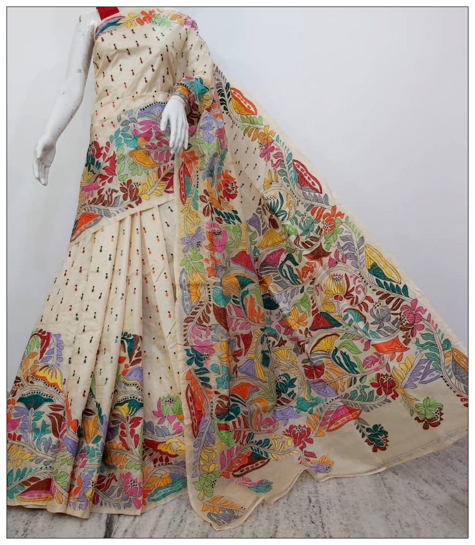 Multi Coloured Hand Kantha Stitch Saree 1