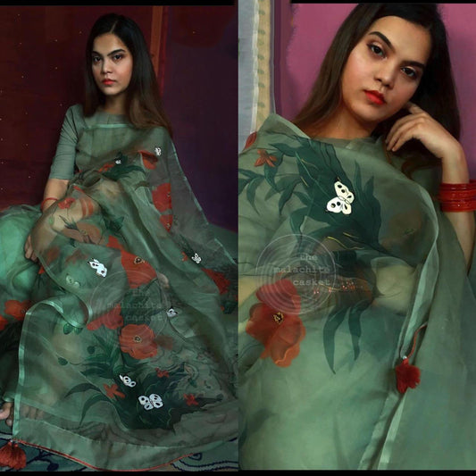 Green Pure Digital Print Organza Sarees