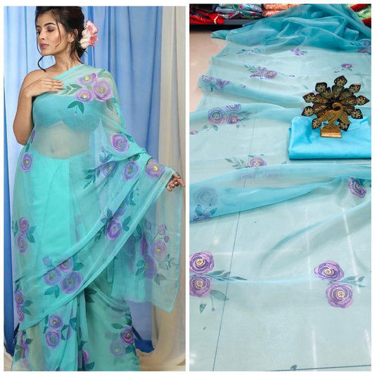 Blue Pure Digital Print Organza Sarees