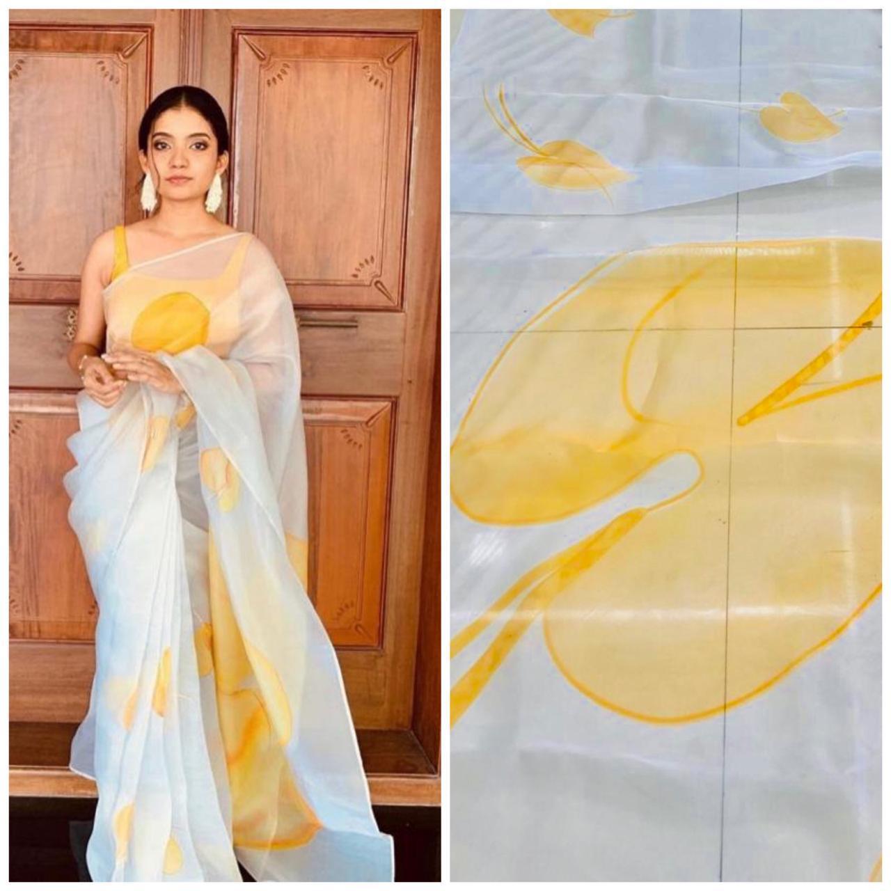 White Pure Digital Print Organza Sarees