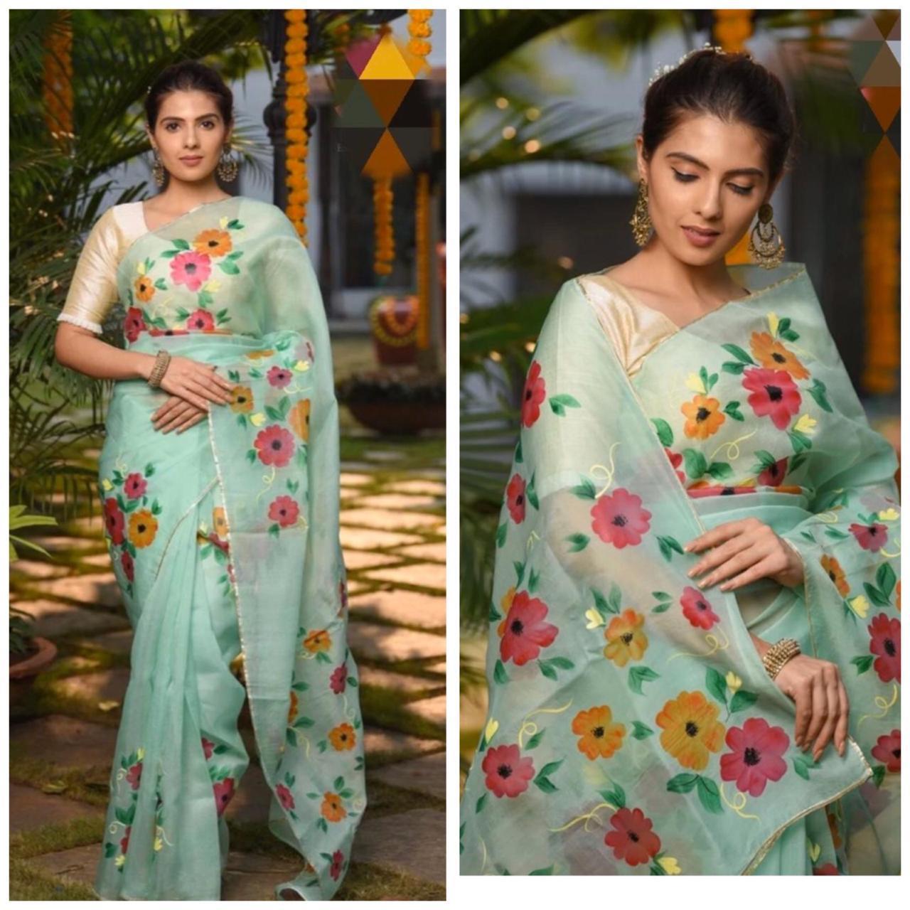 Green Pure Digital Print Organza Sarees