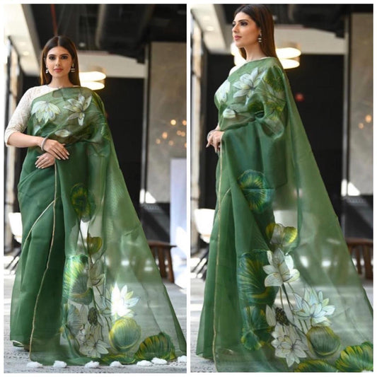 Green Pure Digital Print Organza Sarees