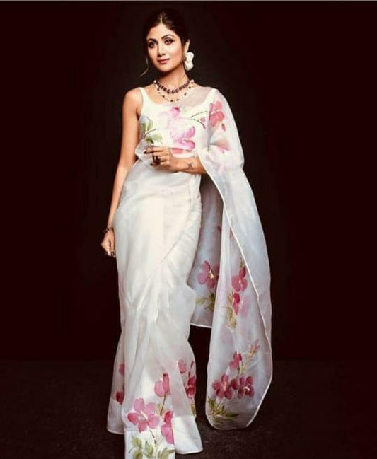 White Pure Digital Print Organza Sarees