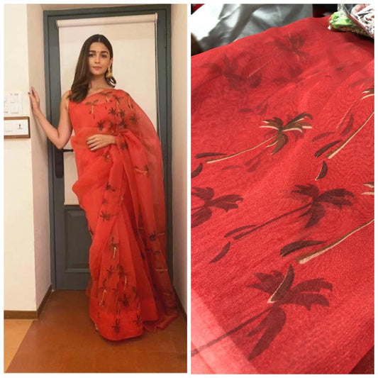 Red Pure Digital Print Organza Sarees