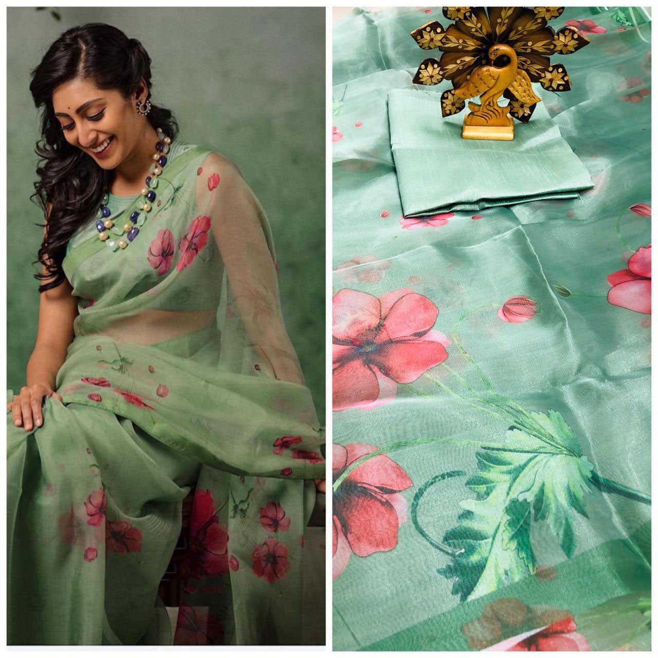 Green Pure Digital Print Organza Saree