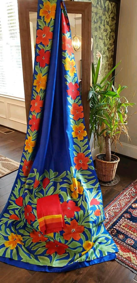 Blue Hand Painted Pure Silk Mark Certified Bishnupuri Silk Sarees