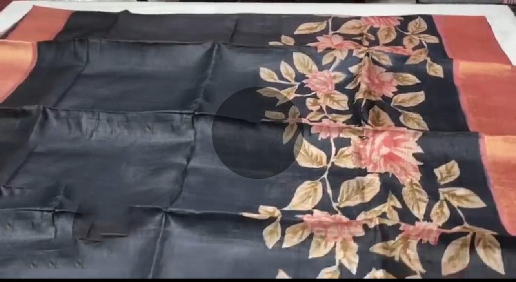 Black Hand Painted Zari Border Pure Silk Mark Certified Tussar Silk Sarees
