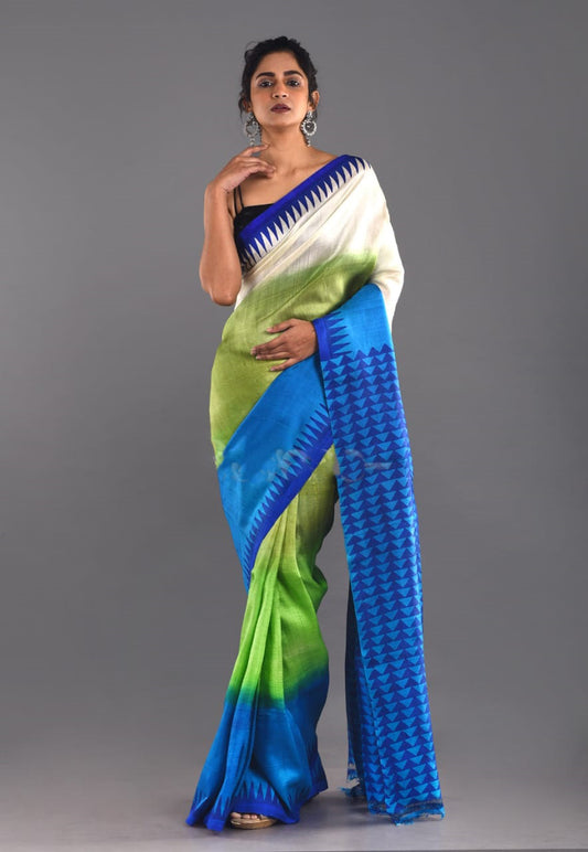 Blue Green Block Print Plain Pure Silk Mark Certified Tussar Silk Sarees