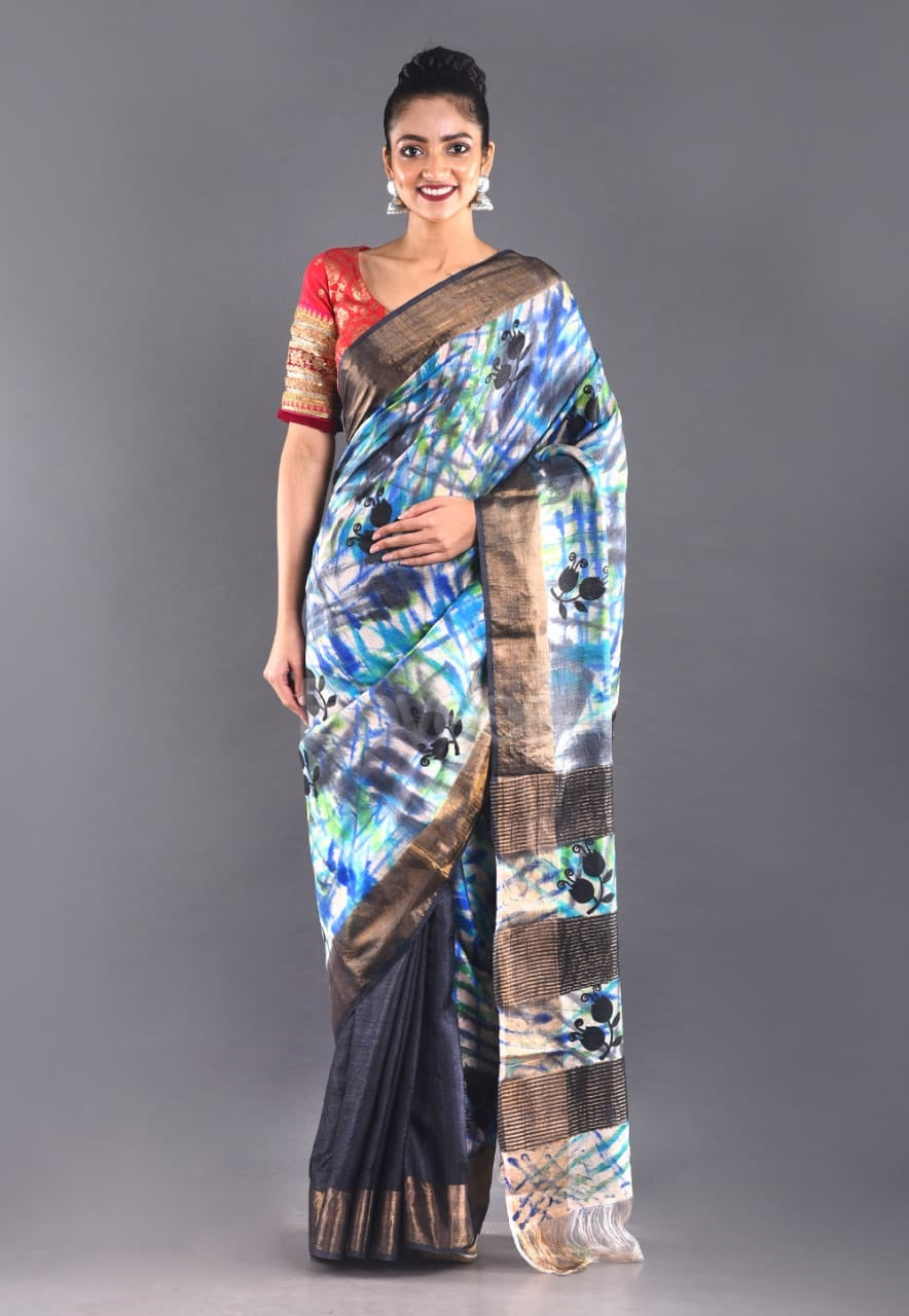 Grey Blue Block Print Zari Border Pure Silk Mark Certified Tussar Silk Sarees