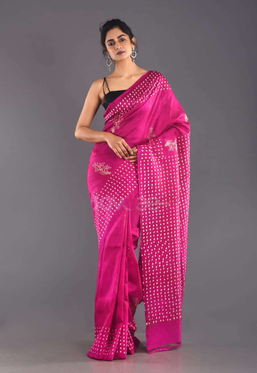 Rani Block Printed Plain Pure Silk Mark Certified Tussar Silk Sarees