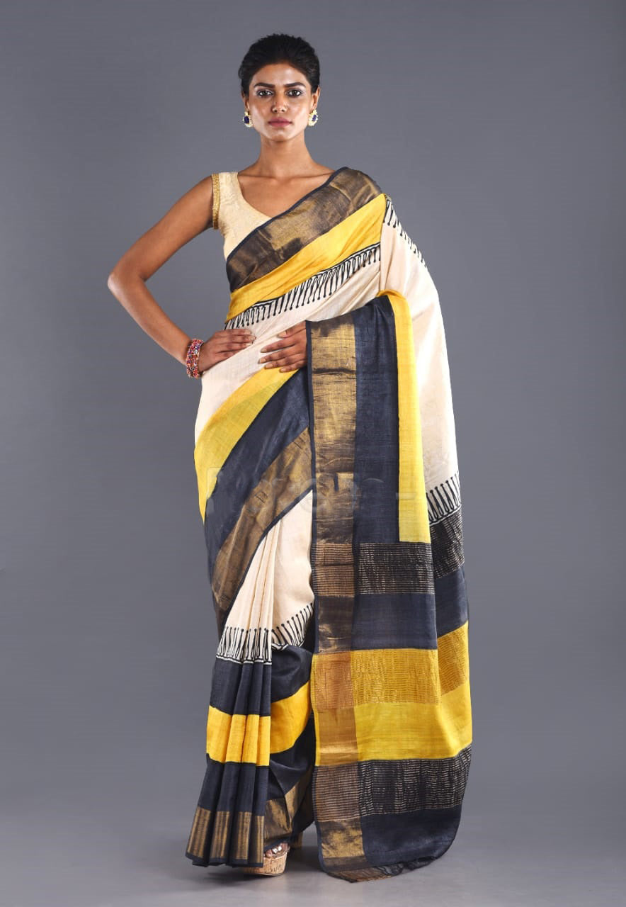 Beige Yellow Block Print Zari Border Pure Silk Mark Certified Tussar Silk Sarees