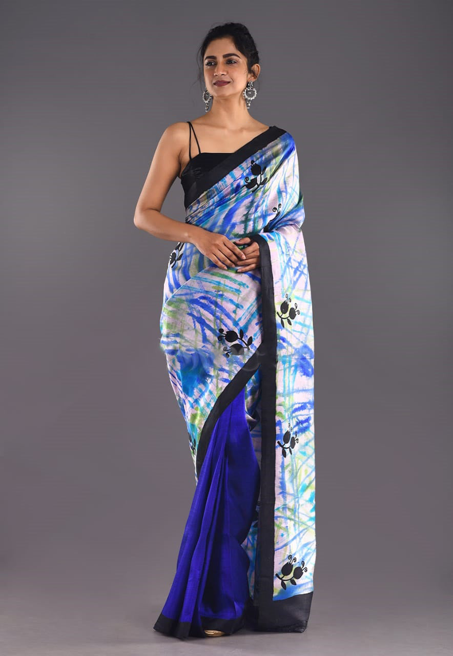 Blue Hand Print Plain Pure Silk Mark Certified Tussar Silk Sarees - Dailybuyys