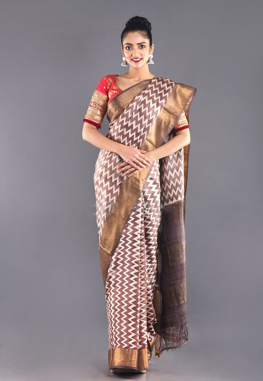 Brown Block Print Zari Border Pure Silk Mark Certified Tussar Silk Sarees