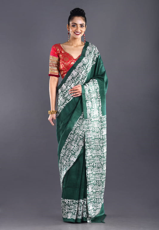 Green Block Printed Plain Pure Silk Mark Certified Tussar Silk Sarees