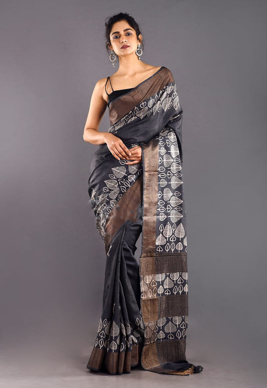 Black Block Print Zari Border Pure Silk Mark Certified Tussar Silk Sarees