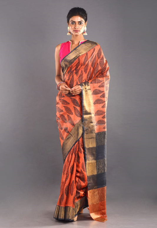 Orange Block Print Zari Border Pure Silk Mark Certified Tussar Silk Sarees