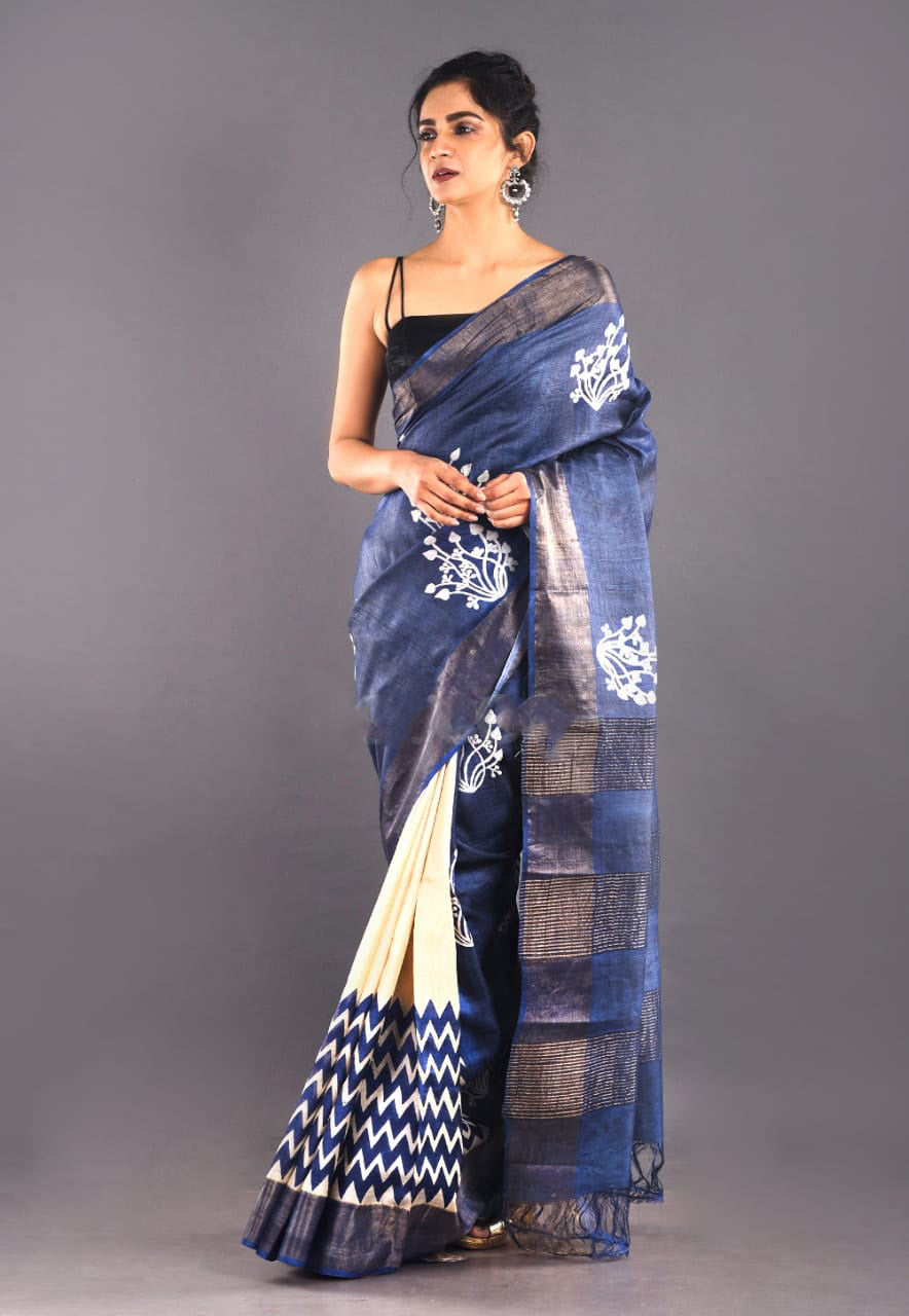 Grey Block Print Zari Border Pure Silk Mark Certified Tussar Silk Sarees - Dailybuyys