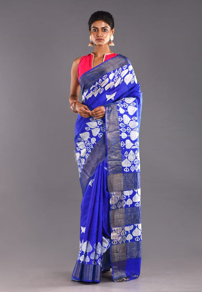 Blue Block Print Zari Border Pure Silk Mark Certified Tussar Silk Sarees