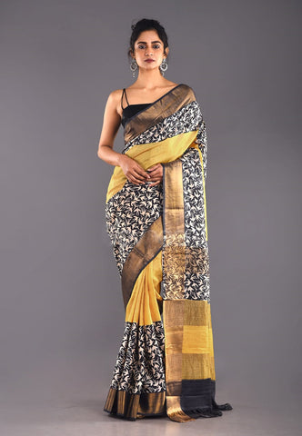 Black Yellow Block Print Zari Border Pure Silk Mark Certified Tussar Silk Sarees