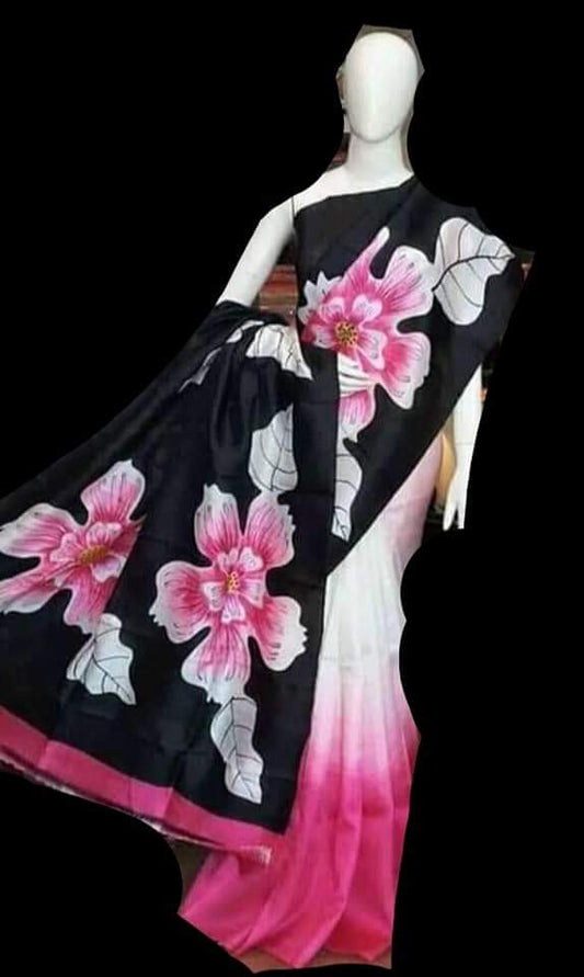 Black Hand Painted Pure Silk Mark Certified Bishnupuri Silk Sarees