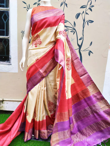 Beige Beautiful Block Print Zari Border Pure Silk Mark Certified Tussar Silk Sarees