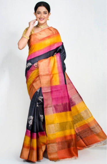 Black Yellow Block Print Zari Border Pure Silk Mark Certified Tussar Silk Sarees