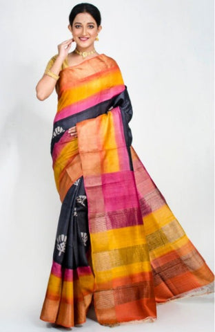 Black Yellow Block Print Zari Border Pure Silk Mark Certified Tussar Silk Sarees