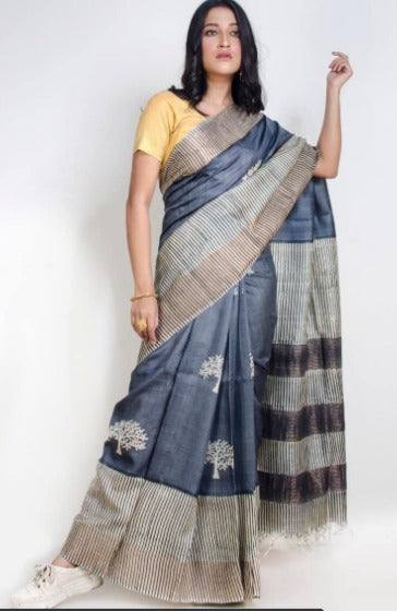 Grey Block Print Zari Border Pure Silk Mark Certified Tussar Silk Sarees