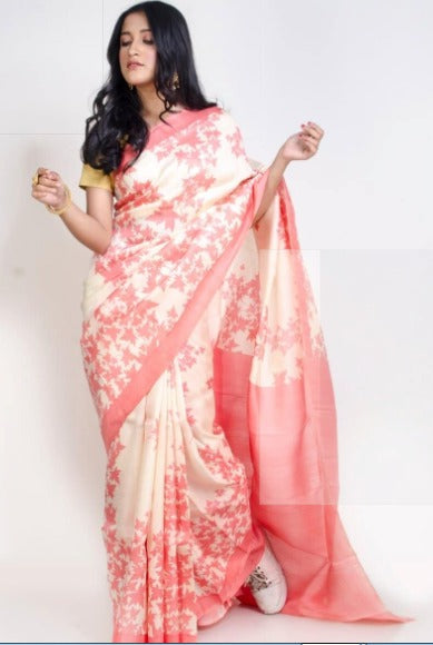 Pink Block Printed Pure Silk Mark Certified Bishnupuri Silk Sarees