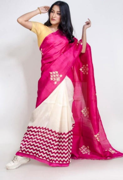 Rani Block Printed Pure Silk Mark Certified Bishnupuri Silk Sarees