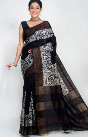 Black Block Print Zari Border Pure Silk Mark Certified Tussar Silk Sarees