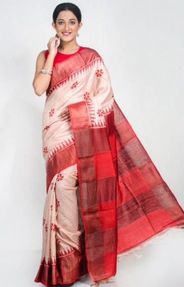 Red Block Print Zari Border Pure Silk Mark Certified Tussar Silk Sarees