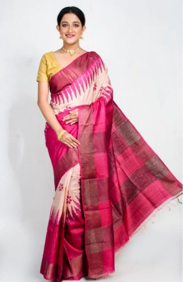 Rani Block Print Zari Border Pure Silk Mark Certified Tussar Silk Sarees - Dailybuyys