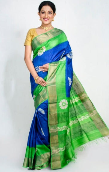 Green Blue Block Print Zari Border Pure Silk Mark Certified Tussar Silk Sarees