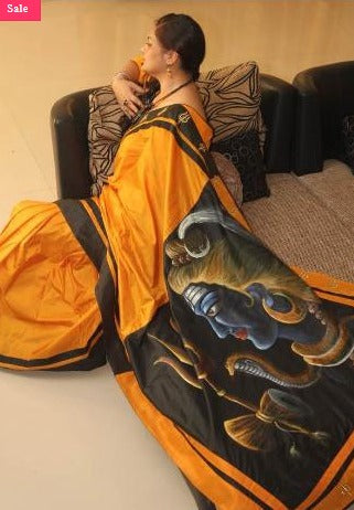 Yellow Hand Painted Pure Silk Mark Certified Bishnupuri Silk Sarees