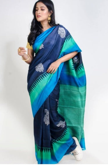 Blue Block Printed Pure Silk Mark Certified Bishnupuri Silk Sarees