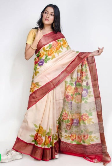 Beige Hand Painted Zari Border Pure Silk Mark Certified Tussar Silk Sarees - Dailybuyys